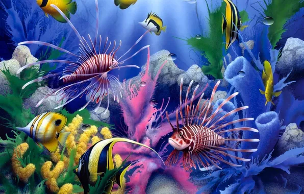 Картинка colorful, painting, fish, corals, underwater world, David Miller, Lions of the Sea