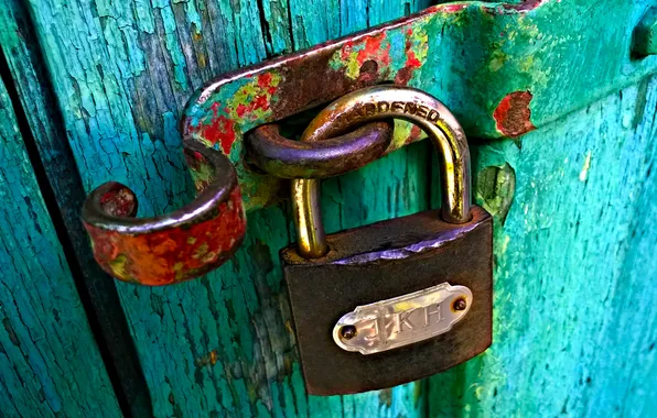 Картинка green, old, door, padlock, wood door, door lock