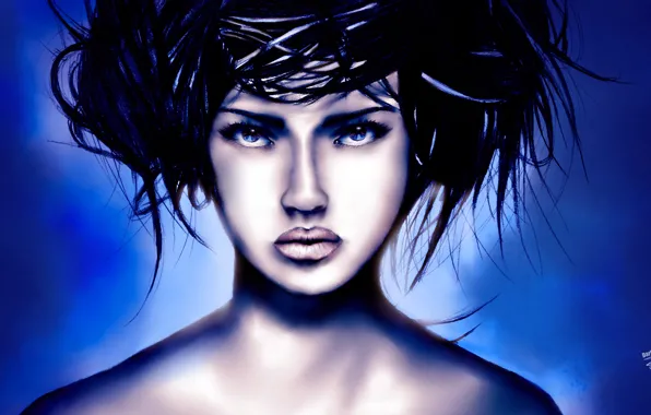 Картинка взгляд, девушка, лицо, стиль, волосы, арт, прическа, губы. синий фон