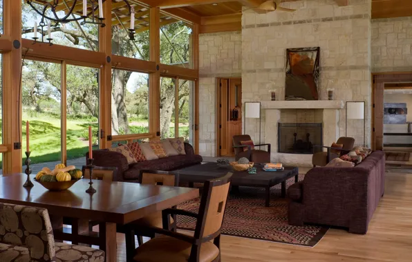 Дизайн, стиль, интерьер, камин, гостиная, столовая, ранчо, Hill Country river ranch