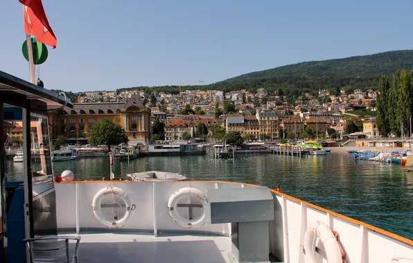 Город, озеро, пристань, дома, Швейцария, Neuchatel, набережня