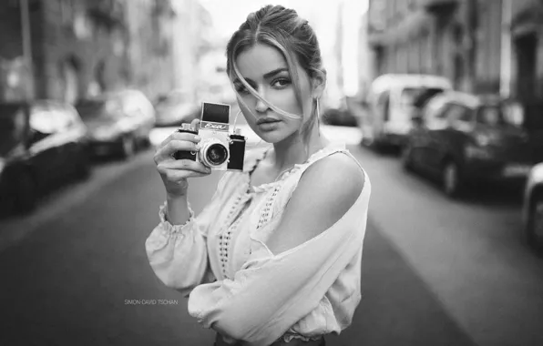 Black & white, girl, photo, photographer, camera, monochrome, model, bokeh