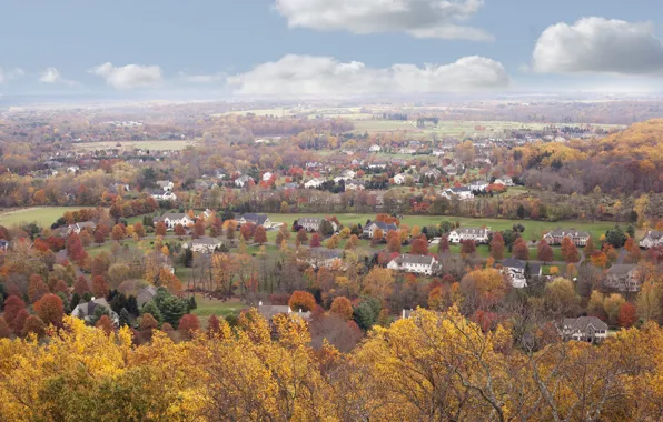 Autumn, clouds, leaves, houses, village, autumn colors, fall, foliage
