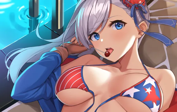 Girl, sexy, cleavage, long hair, boobs, anime, blue eyes, beautiful