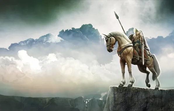 Картинка пейзаж, обрыв, конь, высота, меч, воин, арт, панорама