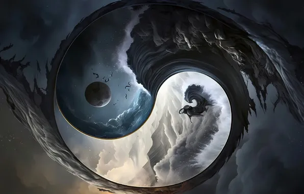 Природа, луна, фэнтези, инь ян, инь и янь