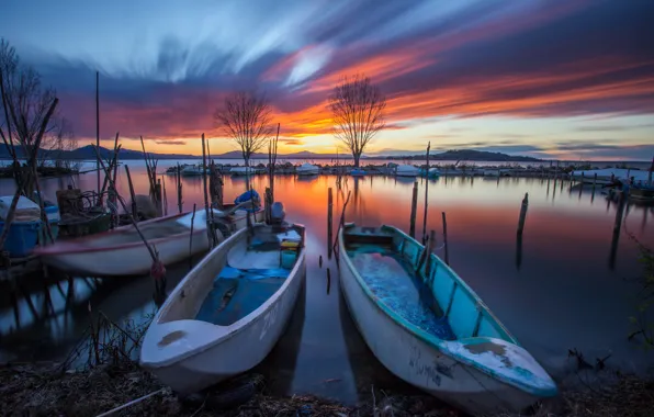 Закат, озеро, лодки, Italia, Umbria, Long exposure