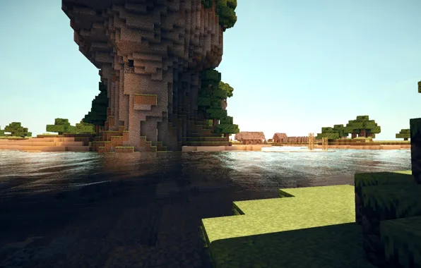 Вода, скала, деревня, rock, water, minecraft, village