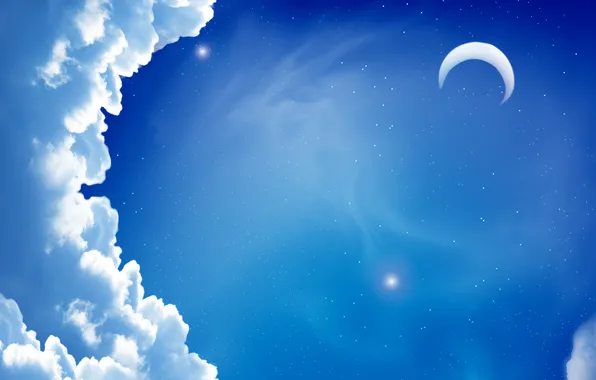 Картинка небо, облака, ночь, луна, звезда, минимализм, звёзды, месяц