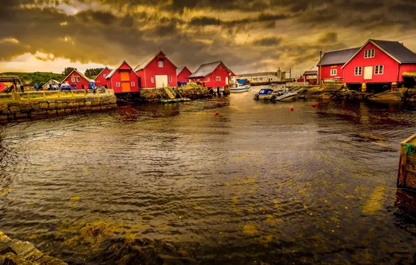 Картинка море, облака, дом, Норвегия, поселок