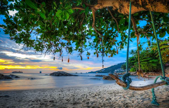 Картинка песок, море, пляж, деревья, качели, побережье, бутылки, Тайланд