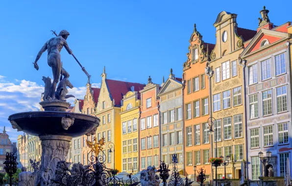Улица, дома, Польша, фонтан, Нептун, солнечно, Gdansk, Гданьск