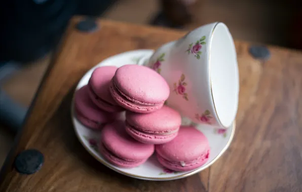 Розовый, печенье, выпечка, сладкое, macaron, блюдечко