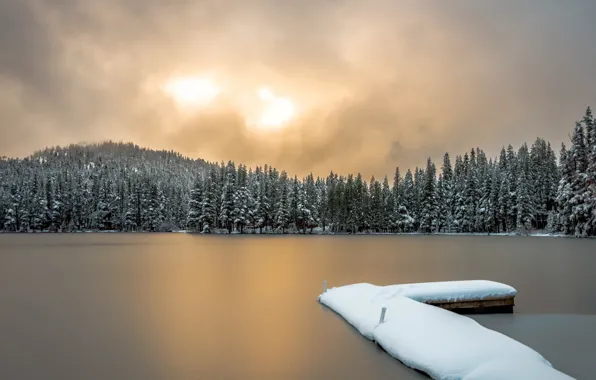 Картинка зима, мост, природа, озеро