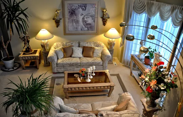 Картинка цветы, диван, лампа, растения, картина, столик, гостиная