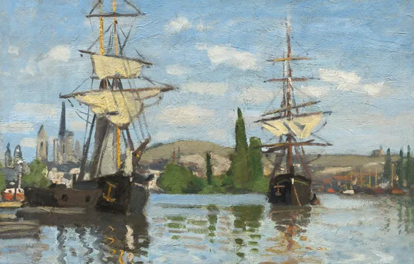 Картинка пейзаж, картина, Клод Моне, Парусные Корабли на Сене в Руане
