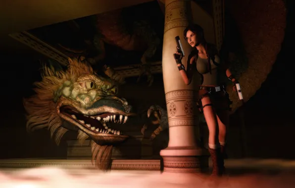 Картинка дракон, пистолеты, Tomb Raider, колонна, подземелье, Lara Croft, Лара Крофт: Расхитительница гробниц