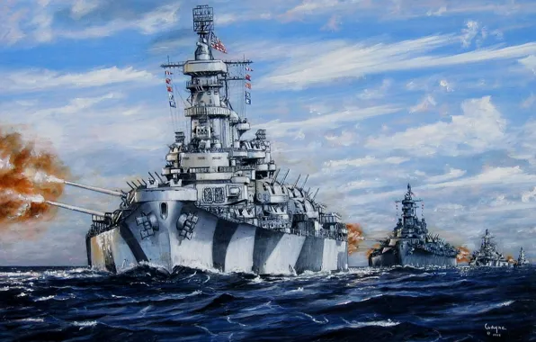 Картинка море, огонь, рисунок, арт, строй, залпы, WW2, ВМФ США