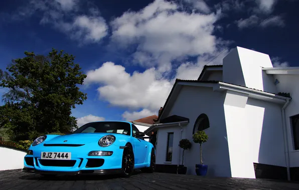Картинка дом, голубой, суперкар, спорткар, porsche, порше, Blue, GT3