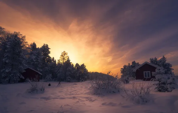 Картинка зима, закат, дома