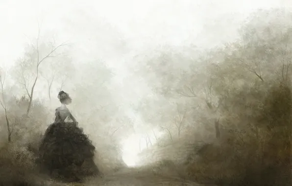 Картинка дорога, деревья, туман, одиночество, Девушка, черное, дама, пышное платье