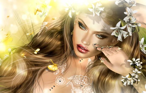 Картинка девушка, бабочки, цветы, лицо, волосы, руки, маникюр
