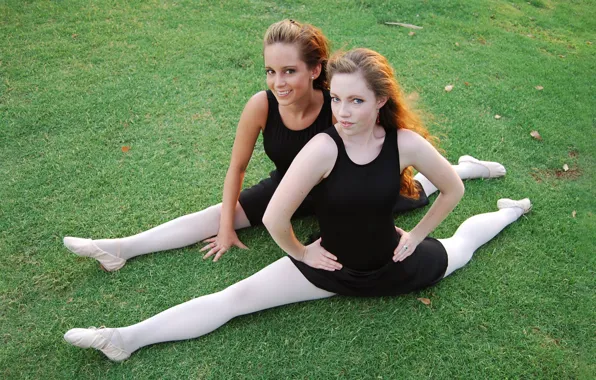 Grass, dress, girls, brown eyes, blue eyes, redhead, blonde, ballet