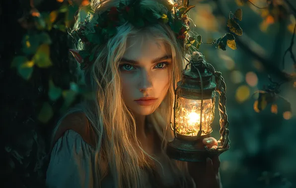 Лес, взгляд, листья, девушка, свет, ветки, природа, портрет