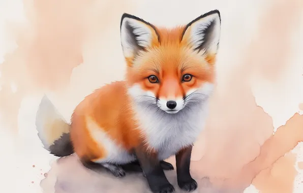 Рисунок, пушистый, рыжий, акварель, лиса, милый, red, fox