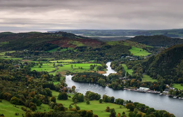 Картинка холмы, Англия, Lake District, Lake Windermere, Gummer's How