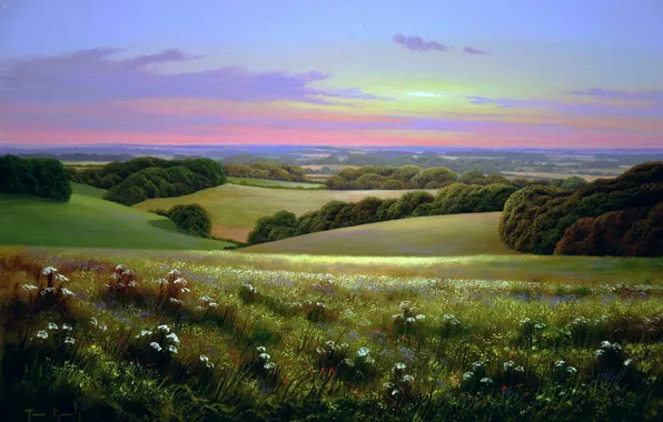 Картинка пейзаж, закат, поляна, вечер, долина, луг, живопись, Terry Grundy