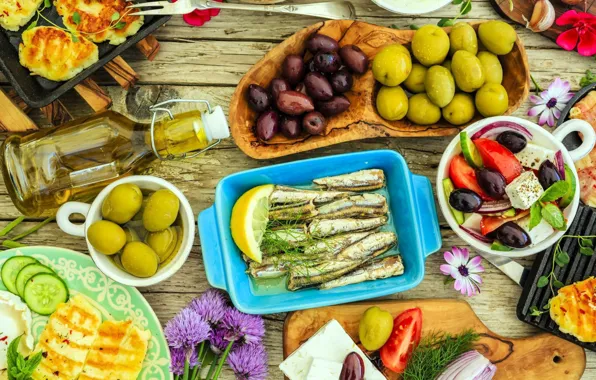 Еда, рыба, овощи, оливки, салат, маслины, закуска, шпроты