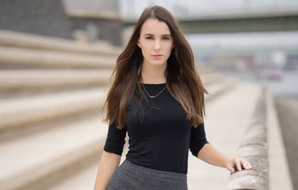 Girl, Black dress, Beatiful, Stand, Brown hair, Lock