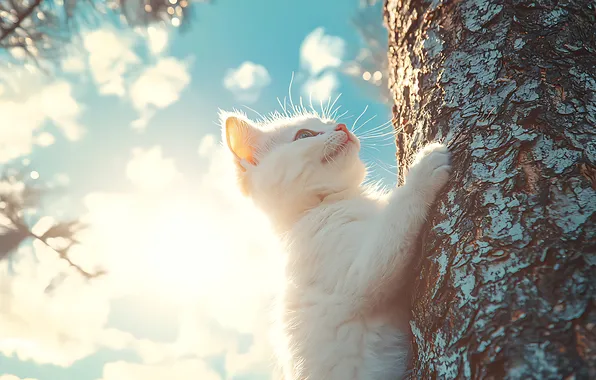 Кошка, белый, небо, солнце, облака, свет, поза, синева