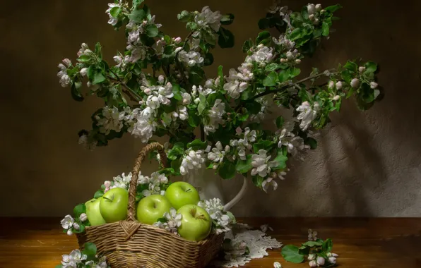 Цветы, яблоки, весна, натюрморт, яблоневый цвет