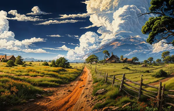 Картинка AI art, artwork, clouds, ranch, landscape