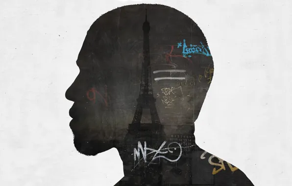 Картинка надписи, работа, Париж, силуэт, профиль, Эйфелева башня, Paris, гранж
