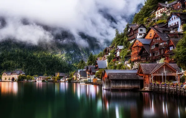 Лес, озеро, дома, Austria, Австрии, Richard Beresford Harris