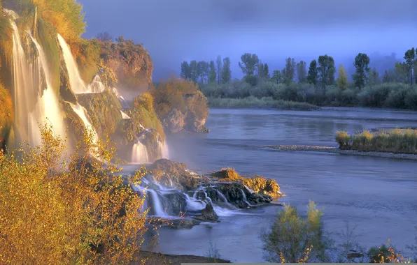 Картинка осень, лес, деревья, туман, река, камни, водопад, кусты