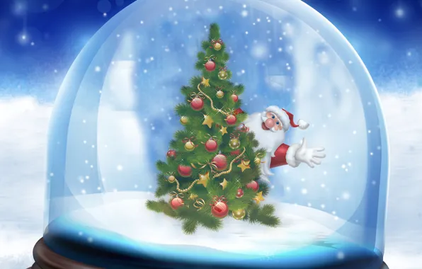 Картинка снег, новый год, шар, санта клаус, елочка