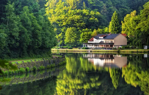 Картинка лето, деревья, природа, дом, отражение, река, Германия