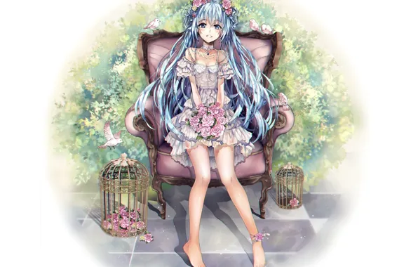 Букет, кресло, клетка, декольте, птички, Hatsune Miku, длинные волосы, vokaloid