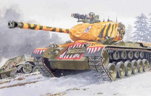 Рисунок, арт, США, средний танк, Корейская война, тигровая окраска, Генерал Паттон, M46