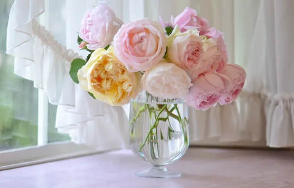 Розы, букет, окно, ваза