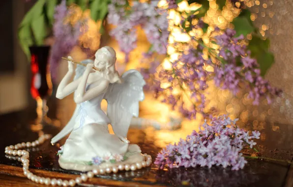 Ожерелье, жемчуг, статуэтка, сирень, Сиреневая мечта