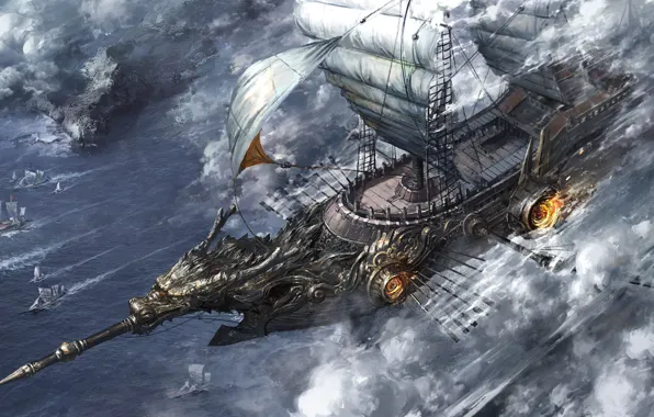 Картинка огонь, корабль, паруса, solo, вёсла