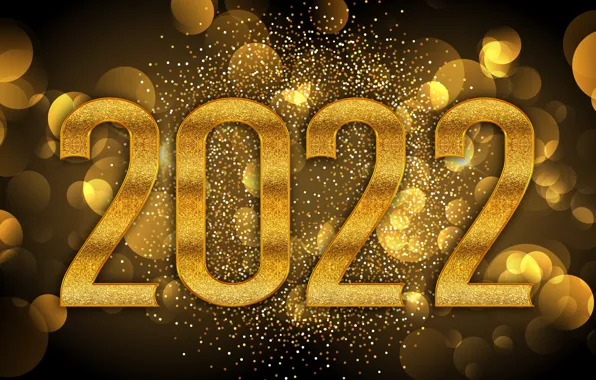 Золото, цифры, Новый год, golden, черный фон, new year, happy, bokeh