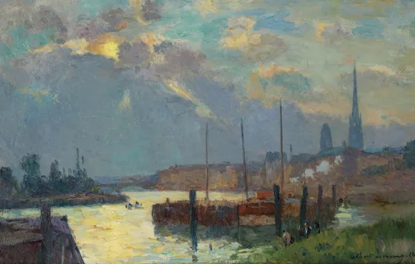 Картинка картина, городской пейзаж, Альбер-Шарль Лебур, Albert Lebourg, Порт и Собор Руана