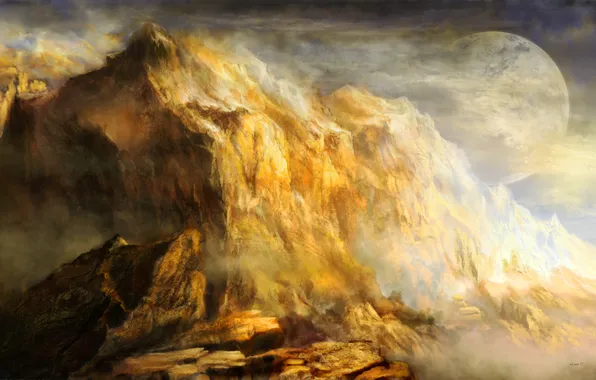 Облака, горы, скалы, планета, спутник, арт