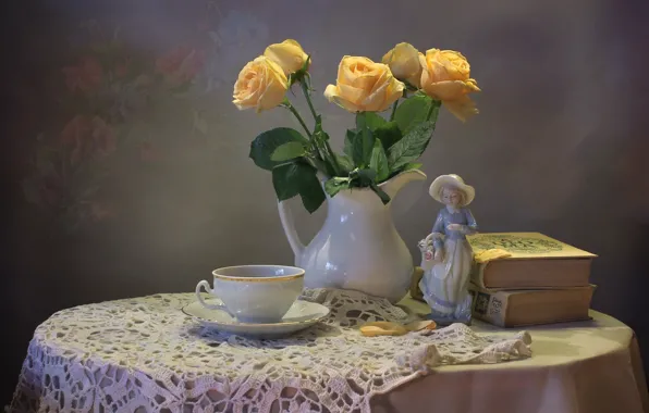 Картинка чай, книги, розы, букет, чашка, статуэтка, натюрморт